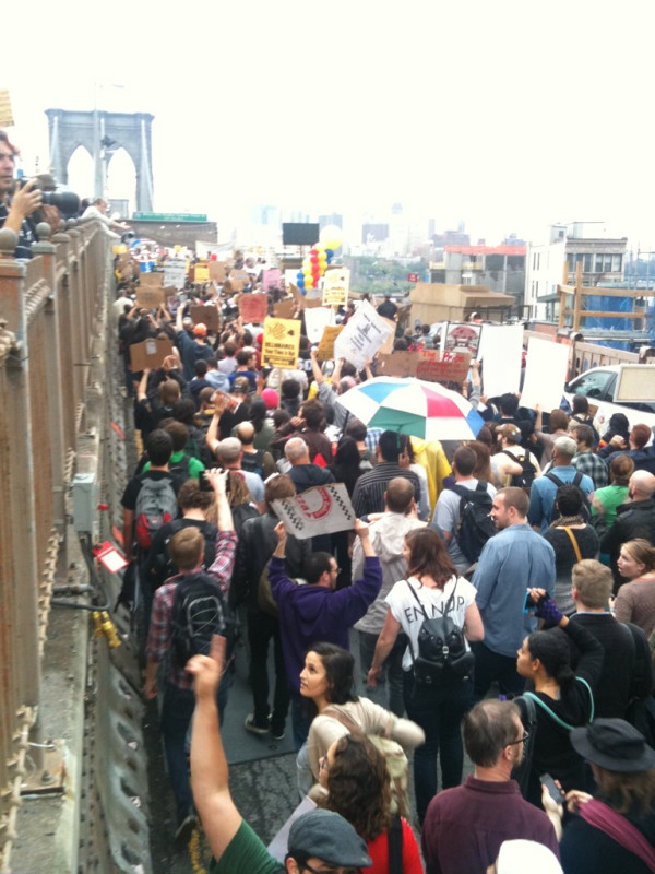 Brooklyn Bridge, packed with protesters. 