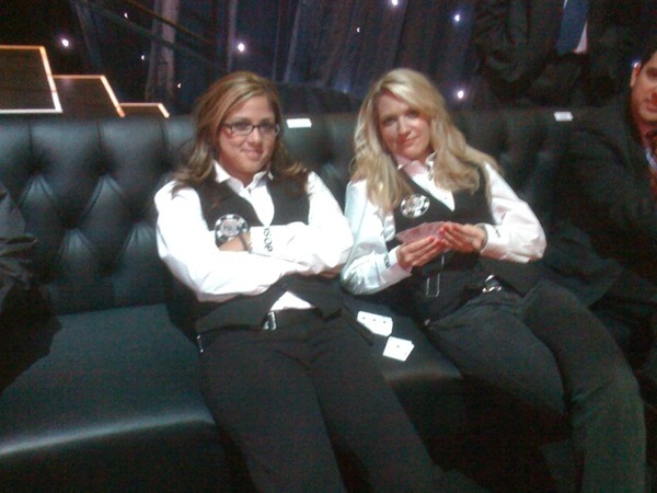 Two of the dealers at #wsop final table lounging on the break: