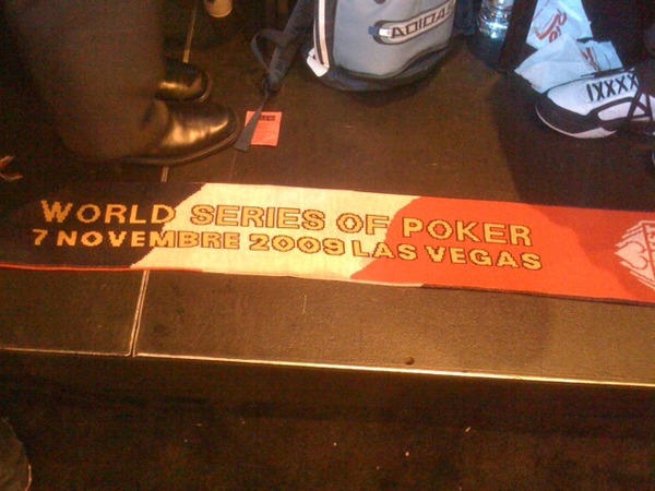 The French player, Antoine saout, has a cheering section and a special #wsop scarf. Tres francais,non?
