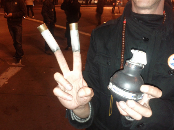 A CS grenade, and two 12 ga shotgun shells purportedly used by the police to propel the beanbag bullets. #OccupyOakland