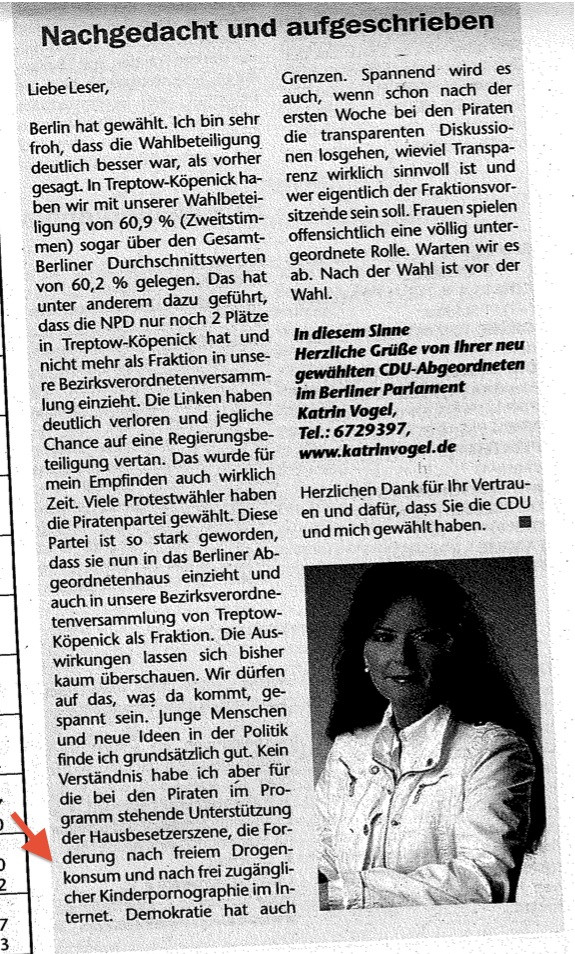 Katrin Vogel, CDU: "Kein Verständnis für die [Piraten-]Forderung nach frei zugänglicher Kinderpornographie" #wtf