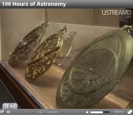 Three (of many) astrolabes on display at the Franklin Inst. Galileo/Medici exhibition in Philadelphia; from the webcast (which has become very erratic for me now; ~1200 viewers).