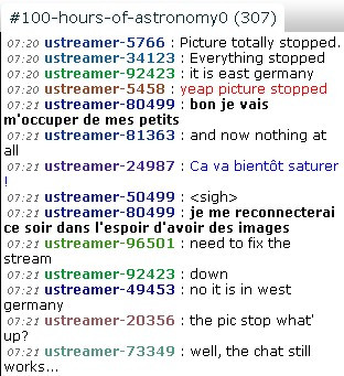 Epic fail of the 2nd #IYA2009 #100Hours webcast after just a few minutes, with only the chat still "live". So ... better go out and observe the skies yourself! :-)