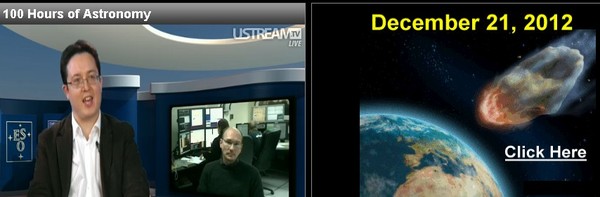 How the #100Hours #IYA2009 webcast began: The Emcee at ESO, someone at Gemini, and (instead of the usual chat) an extremely obnoxious ad for some 2010 bullsh*t.