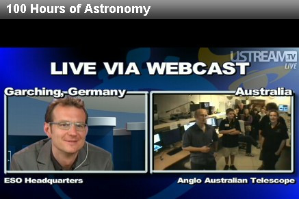 The #IYA2009 #100Hours 24-hour webcast is slowly coming back to 'live' life. Almost 2000 viewers right now; GEO 600 gravitational wave observatory being featured next.