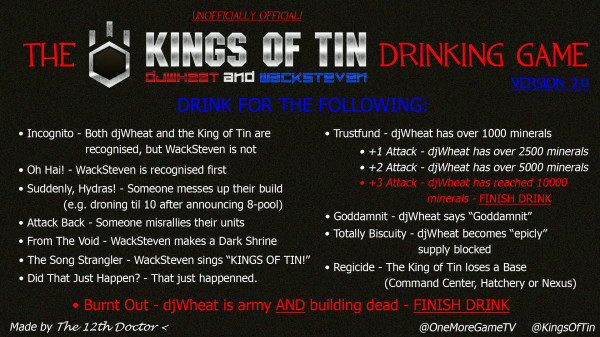 I am proud to introduce the Official Unofficial @KingsOfTin Drinking Game, version 2.0! With thanks to @EtoileLion