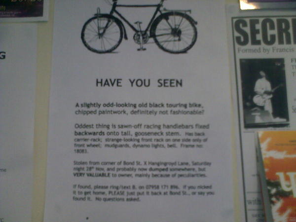 Spotted this report of a very odd stolen bike in Hebden this morning.