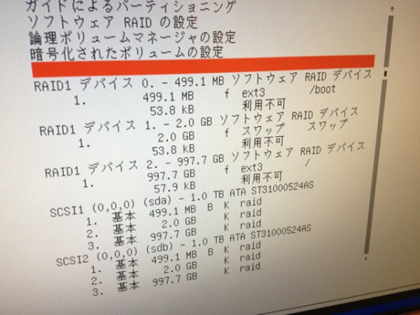 とりあえず利用不可の部分は放置して、 /boot とスワップと / を設定してパーティションを初期化。