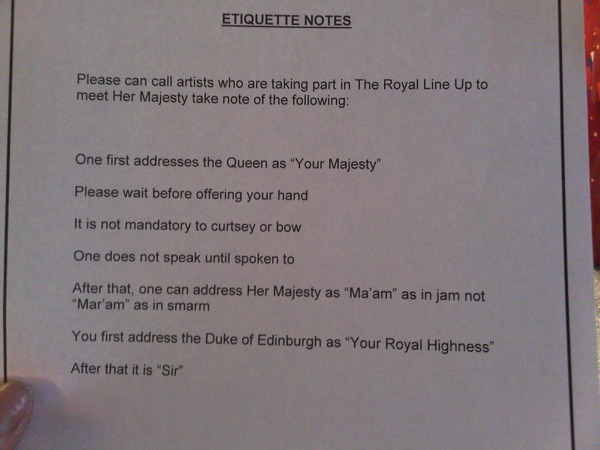 @ royal variety show. Rules for meeting her majesty. God save the queen!