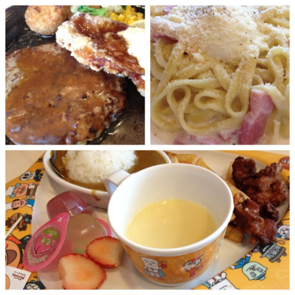 ハンバーグと鶏の竜田揚げとカルボナーラスパゲッティとお子様カレーランチ。