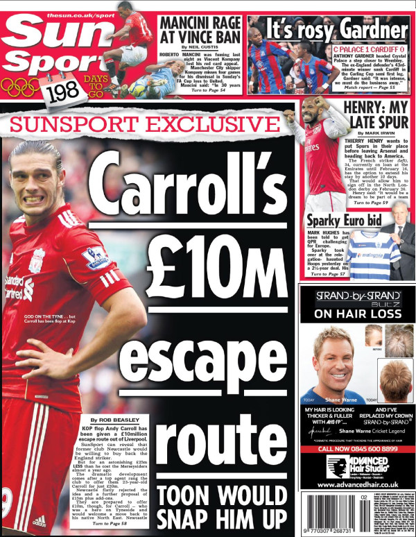 Wednesday's Sun back page - "Carroll's £10m escape" #tomorrowspaperstoday