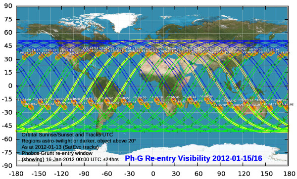 Phobos Grunt re-entry visibility &amp; tracks as at 2012-01-13 for 2012-01-15/16