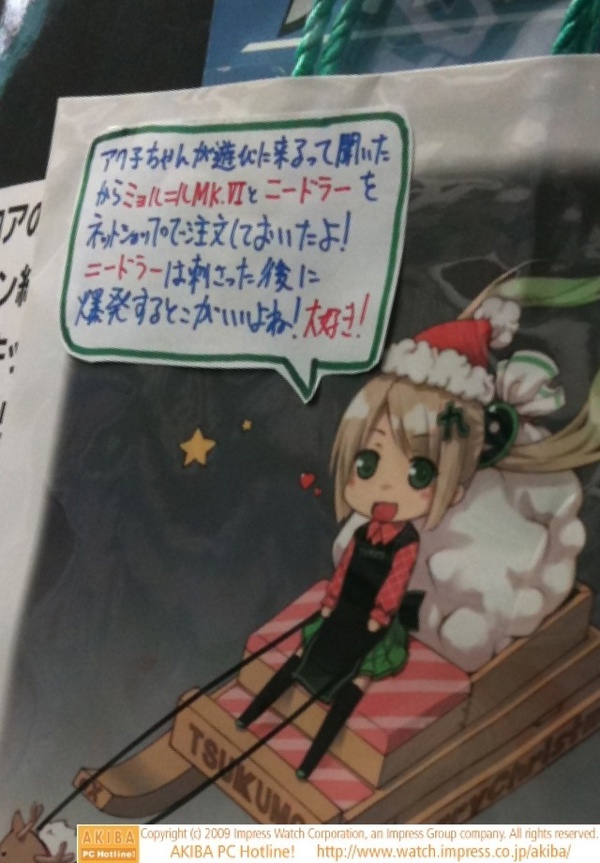 「アク子ちゃんが遊びに来るって聞いたからミョル=ルMK.VIとニードラーを注文しといたよ！ニードラーは刺さった後に爆発するとこがいいよね！大好き！」TSUKUMO eX.前のつくもたん