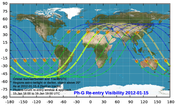 Phobos Grunt re-entry visibility guide and tracks as at 2012-01-15.94for 2012-01-15 10:00 to 2012-01-16 22:00 UTC (centering on 2012-01-15 17:30 +/- 1.5hrs)
