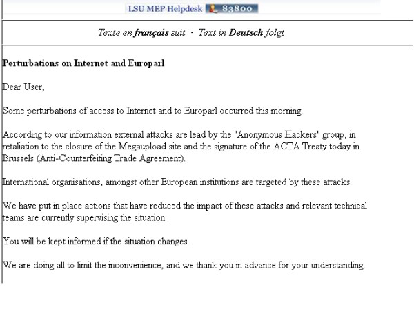 European Parliament's ICT service confirms reports about Anonymous' involvement in problems with website #ACTA