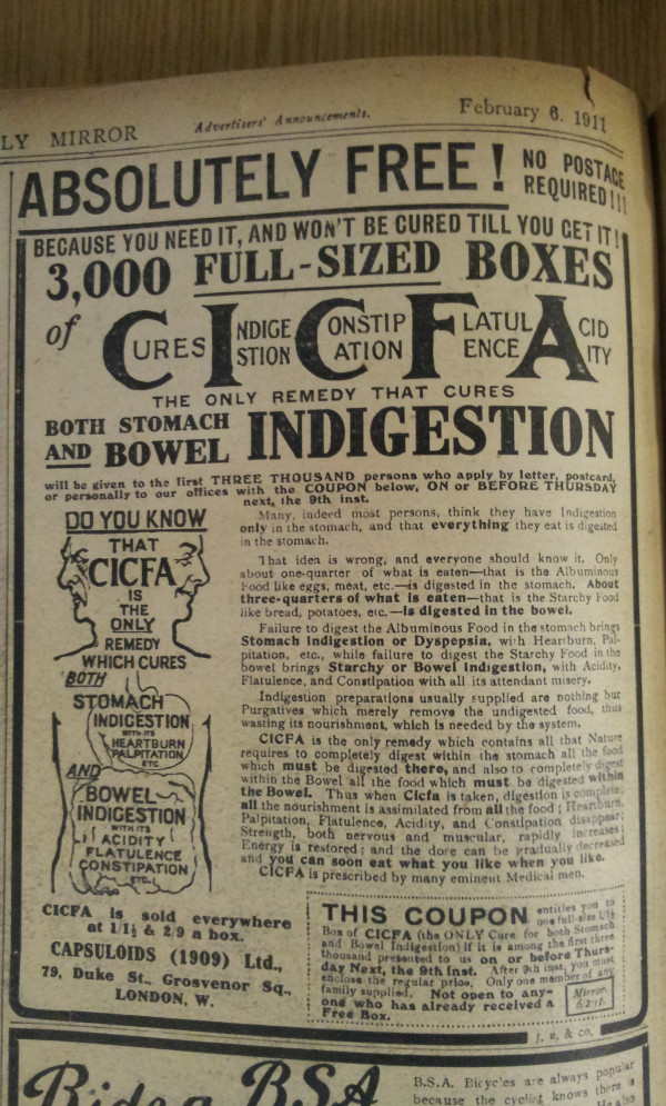  And finally, one of the endless stream of drug ads that filled the Mirror in 1911: CICFA (not CIPFA) #101yearsago