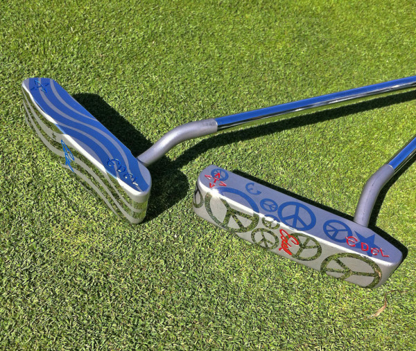 A pic from the Pebble Beach practice green from @edelgolf, a pair of stunning putters, check out these finishes.