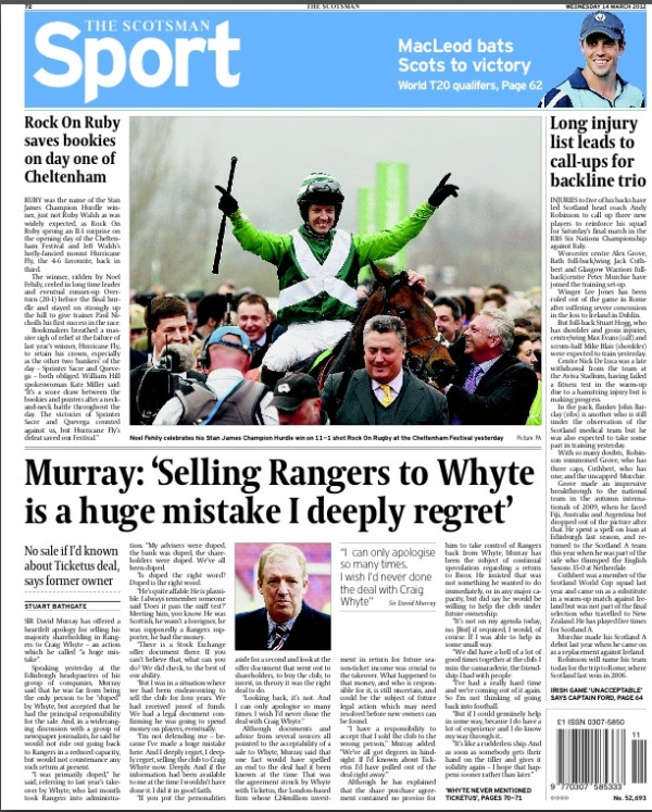 Wednesday's Scotsman back page - "Murray: 'Selling Rangers to Whyte is a huge mistake...'" #tomorrowspaperstoday
