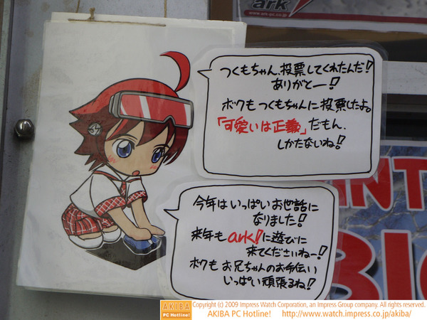 「今年はいっぱいお世話になりました！来年もark!に遊びに来て下さいねー!ボクもお兄ちゃんのお手伝いいっぱい頑張るね!」ark前のアク子ちゃん
