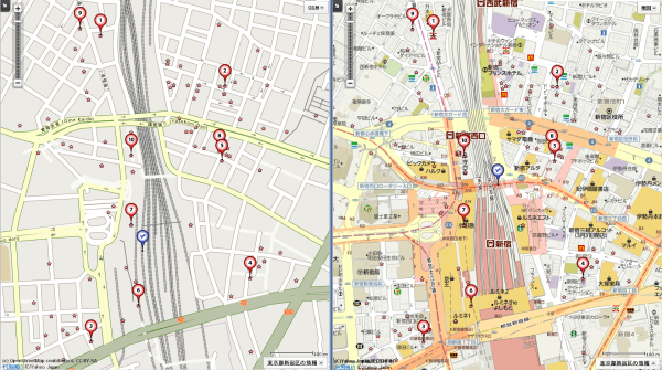OpenStreetMap とゼンリン地図の同一地点比較。ゼンリンが凄すぎるだけなんだろうけど、このクオリティに慣れちゃうとなぁ。