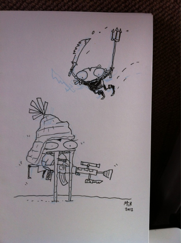 Train-to- #ECCC sketch request by @Galumbits: "STV wearing a Jayne hat!” (w/ bonus Augie, The Littlest Reaver)