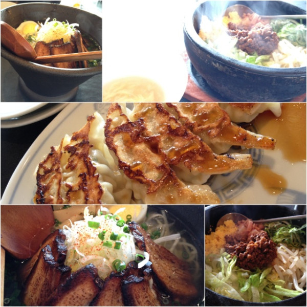 お昼に食べた桃の花 龍国飲茶房の味は濃いけどすっきりしてる塩ラーメン炙り焼豚、五目石焼炒飯、一口餃子。