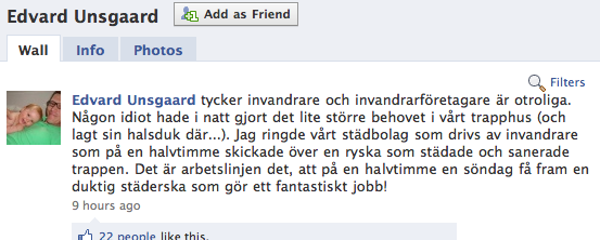 Reinfeldts pressekretare Edvard Unsgaard definierar arbetslinjen: "invandrare" som inte drar sig för att torka bajs på söndagkvällen