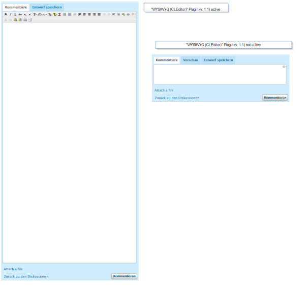 comparison "WYSIWYG (CLEditor)" Plugin (v. 1.1) active and not active