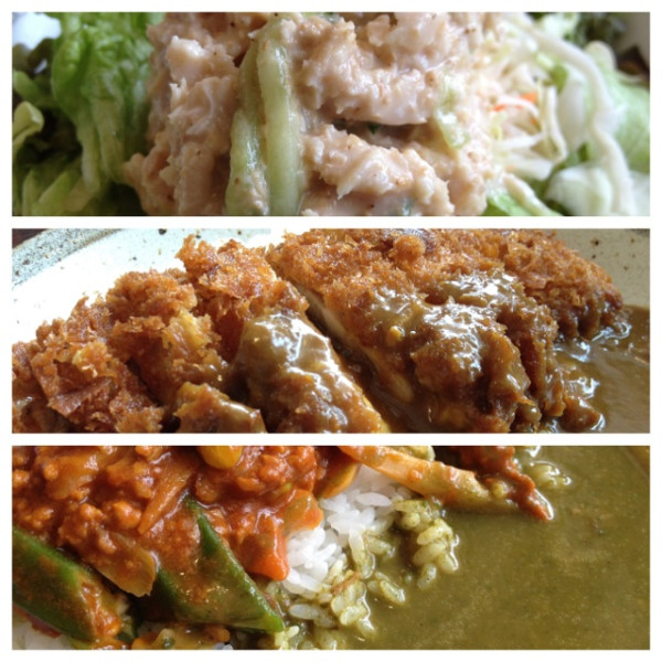 棒々鶏サラダ。香ばしい(*ﾟ∀ﾟ) 手仕込みチキンカツカレー。あんまり辛くない スッキリとのコラボメニュー、ぜいたくキーマWカレー。