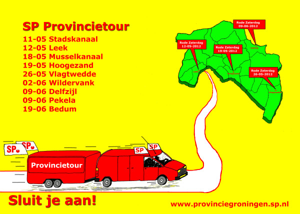 De Officiële tourposter van de Groningse SP-ledenwerfcampagne #opnaar3000 gemaakt door Jan Woldering 