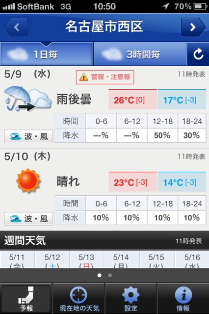 Yahoo!天気のiPhoneアプリをインストールだん。雨雲の動きが見れないのは残念、すごく欲しい機能なのに。とりあえずホーム画面に置いてあったYahoo!天気のブックマークアイコンはお払い箱。