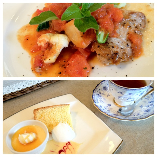 群馬産 豚フィレの白ワインとトマトのソース。やわらかプリン。大分産の夏蜜柑をマーマレードにしてから焼き上げたシフォンケーキ。