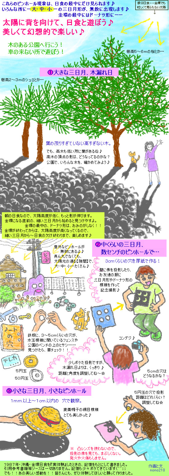 図解…【太陽に背を向けて日食と遊ぼう♪】【日食のときだけ見られる「大・中・小」の無数のピンホール現象】【美しく幻想的】…そして安全。 #金環日食