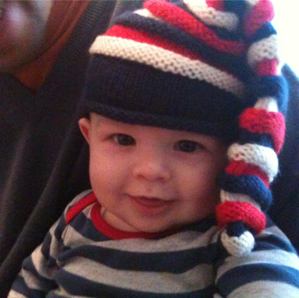 we just received an awesome package from @beingbeverley!! she knitted this fab hat for him!