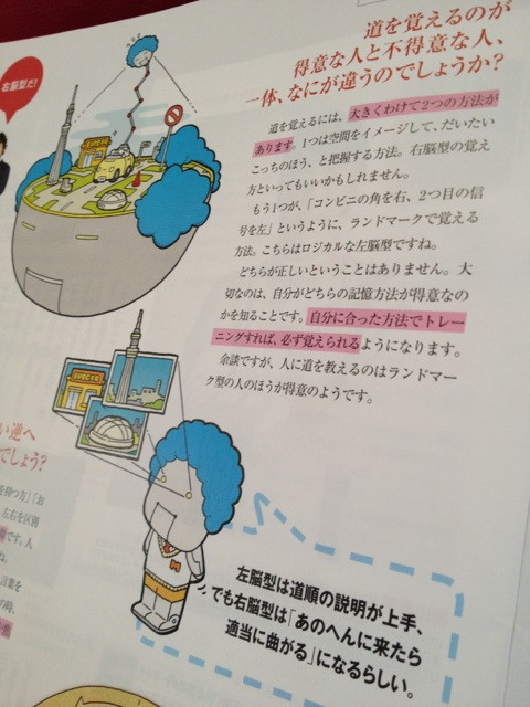 道を覚える2つの方法。右脳型(空間をイメージしてだいたいこっちのほうと把握)、左脳型(ランドマークで覚える)。 / 日産 SHIFT_ Spring 2012 茂木先生に学ぶ、クルマと脳の関係