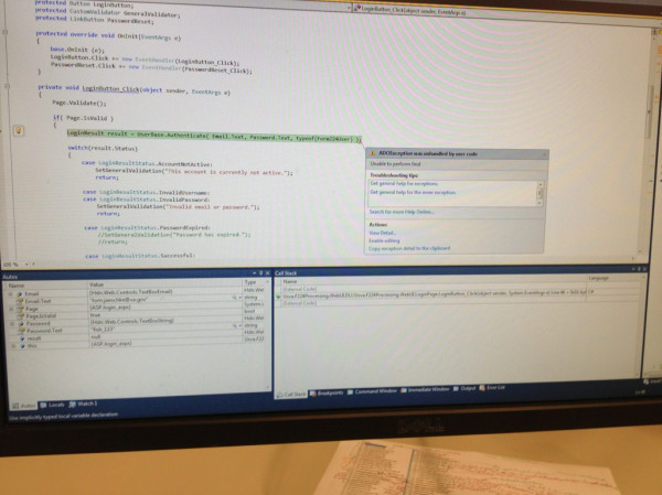 The Call Stack window is less helpful than the red and yellow screen of death when our problem sits inside of a .dll.