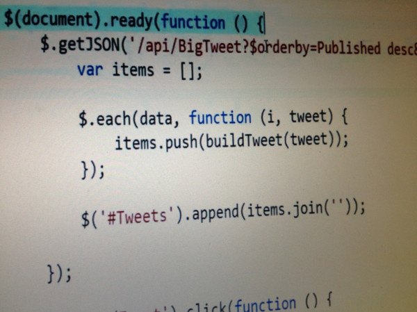 $('#Tweets').items.join(''));...is part of @shawnweisfeld 's presentation at http://usergroup.tv/videos/asp-net-webapi
