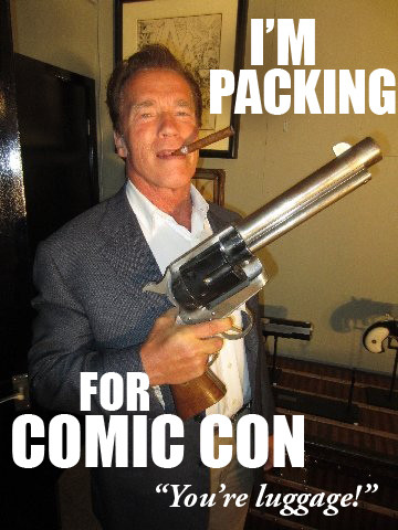 Leaving for our flight now! Exclusive: The first photo of Arnold "packing" up for Comic Con! @schwarzenegger


