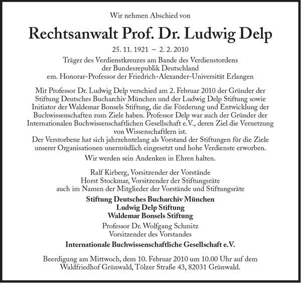 Ludwig Delp, Gründer der Stiftung Dt. Bucharchiv München, am 2. Februar gestorben