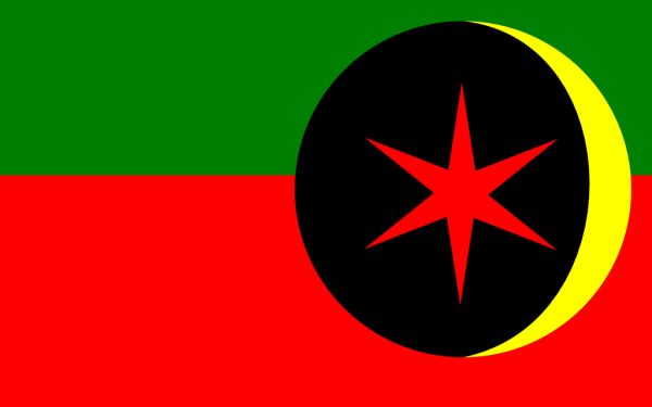 Flag Design for: 
http://www.marissameyer.com/books
The Eastern Commonwealth. Green for generation, Red for expansiveness. A 6 pointed star representing the 6 regions and a moon to overshadow them.