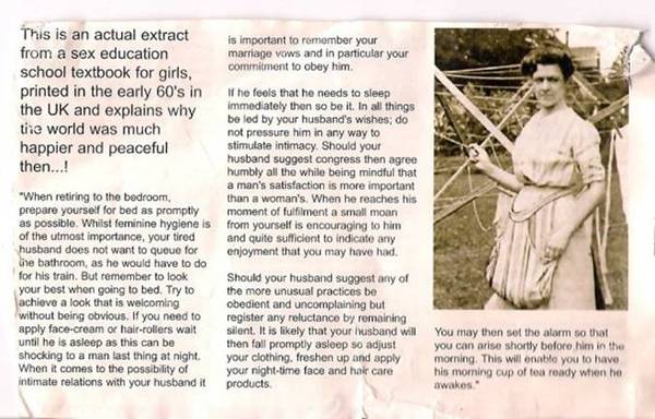An excerpt from a sex-education textbook from the 60s about how wives should serve their husbands! Fantastic stuff!
