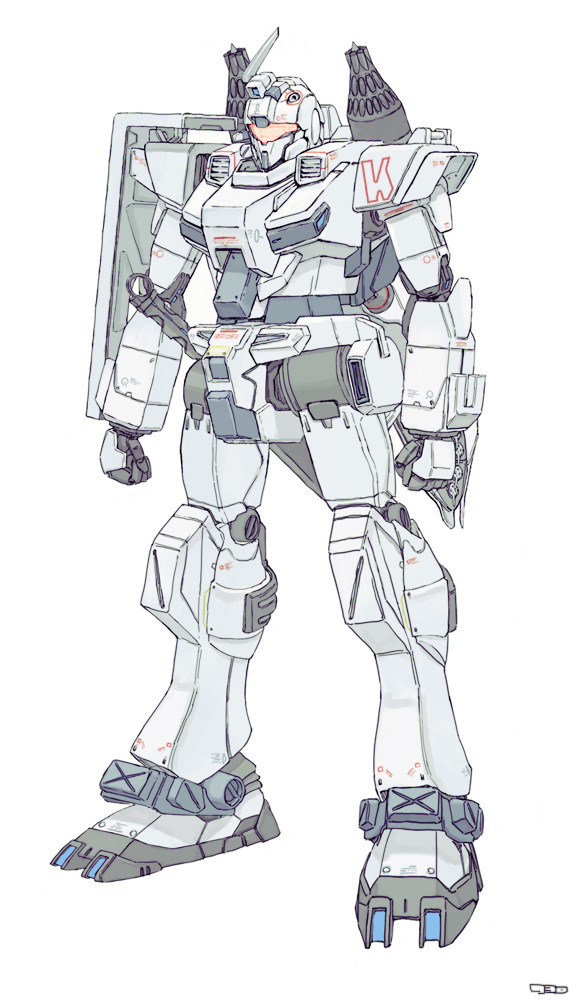  『クミオ専用RX-81LA』基:RX-81LA腕：BD３号機脚：デザートジム塗装：白武装：ビットザクシールドロケットポッドヒートソード http://shindanmaker.com/133374 描いてみた！ジム系かっけー！