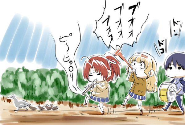 カルガモ？親子と支配者ーズ。診断メーカーのお題のやつを描こうとしたらこうなった。どうしてかはわからない（遠い目）