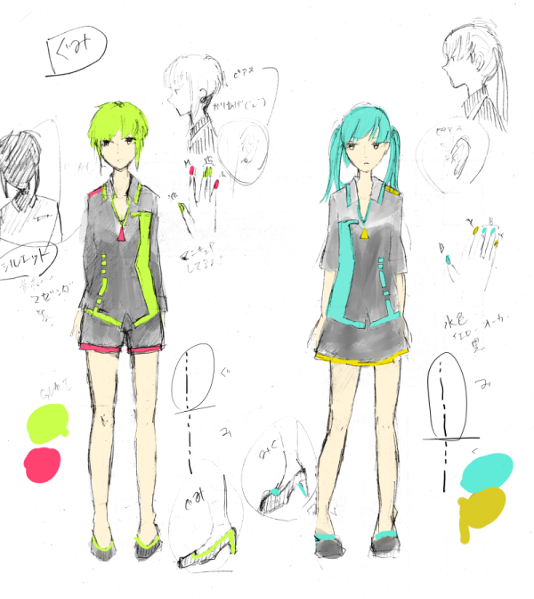 脳漿炸裂ガールの設定画もどき。シルエットだけどこんな感じで考えてました。服の模様はモールス信号風。設定のだと控えめだけど動画の方の服は胸元結構開いててあれがこう…チラチラと…
