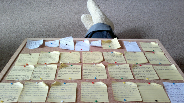 Spray Painted Banana story board looking healthier now &amp; post its match socks. A win win situation.