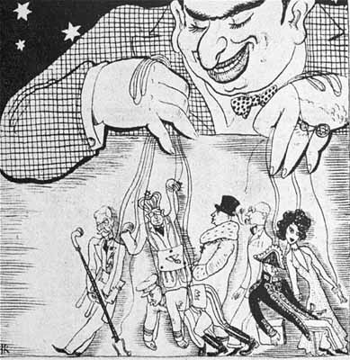 The Jew as puppetmaster goes way back. This from '38 in Hungary, where Jews suffered similar restrictions as in Germany