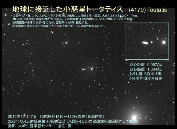 さきほど小惑星トータティスを撮影しました。12月11日深夜に地球に700万km（月までの18倍）まで接近しましたが、撮影時は855万km。3分露光で約43秒移動しています。おうし座で10等。（ようやく撮ったちす...）