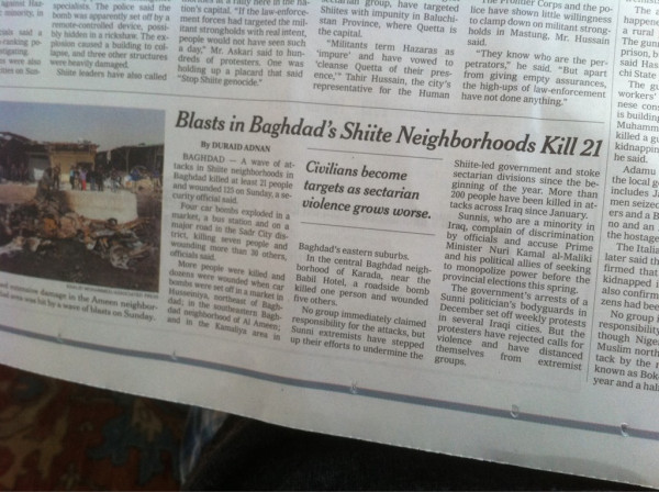 21 people dead, 125 wounded in Baghdad bombing. <200 words on A6. Times have changed.