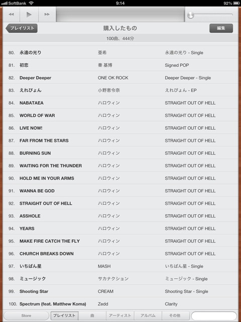 iTunes Store で買った曲がちょうど100曲になってた。100曲で、444分。