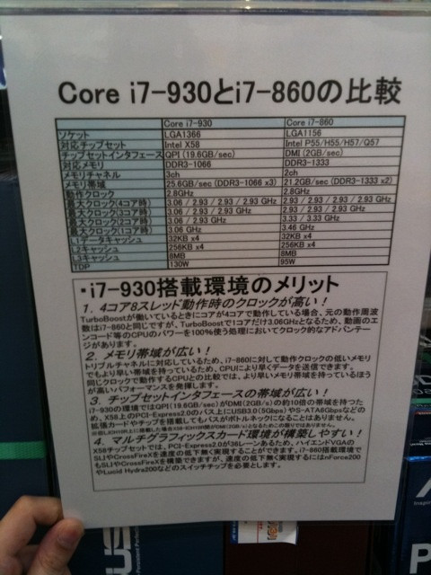 TSUKUMO ex.にあったCore i7-930とCore i7-860の性能比較表。